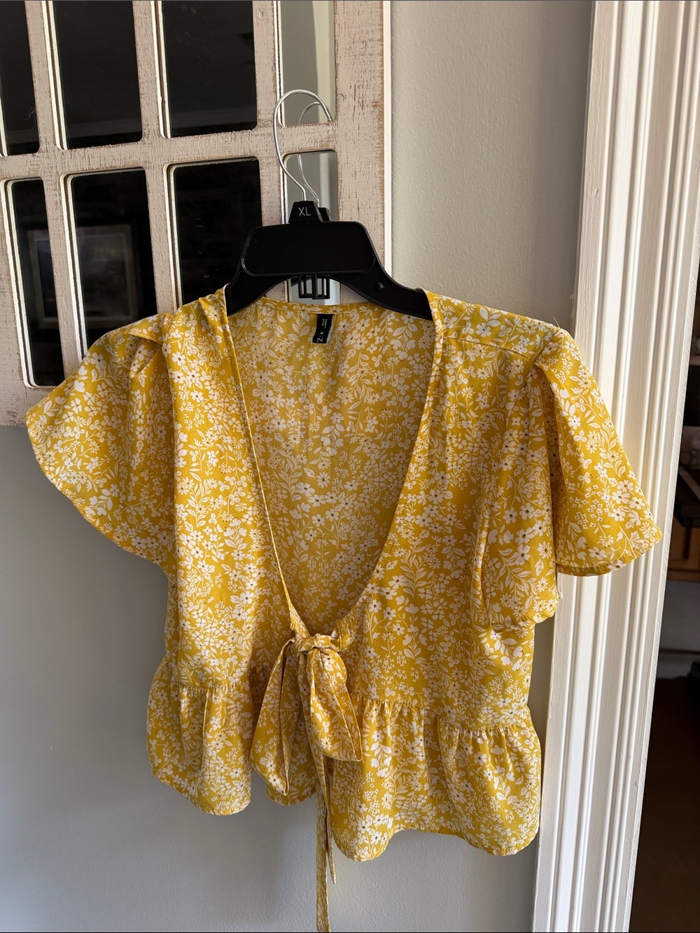 Zaful Yellow Floral Tie-Front Peplum Blouse